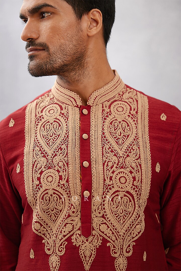 Red Cotton Silk & Raw Silk Dori Embroidered Kurta Set by Torani Men at Pernia's Pop Up Shop