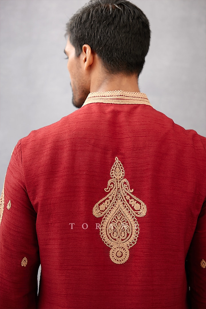 Red Cotton Silk & Raw Silk Dori Embroidered Kurta Set by Torani Men at Pernia's Pop Up Shop