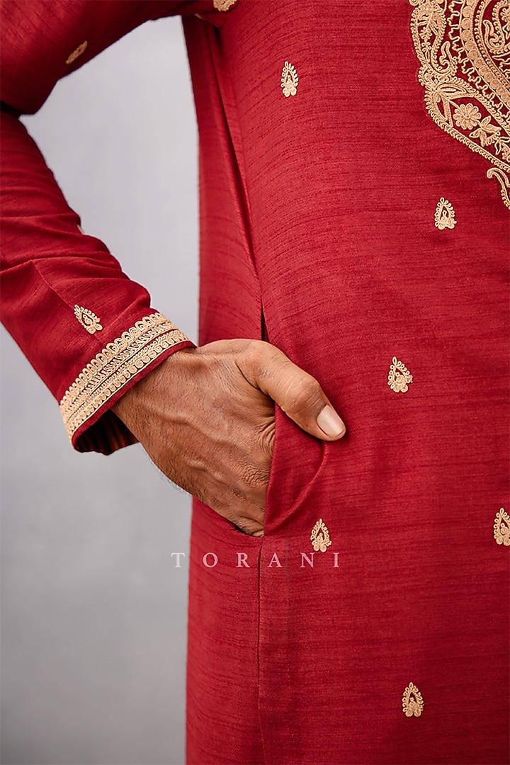 Red Cotton Silk & Raw Silk Dori Embroidered Kurta Set by Torani Men at Pernia's Pop Up Shop