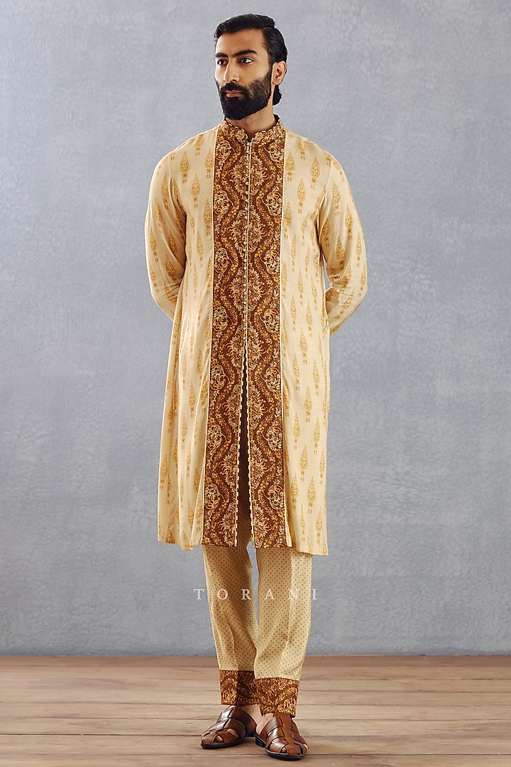 Brown Cotton Silk & Cotton Voile Digital Printed Kurta Set by Torani Men