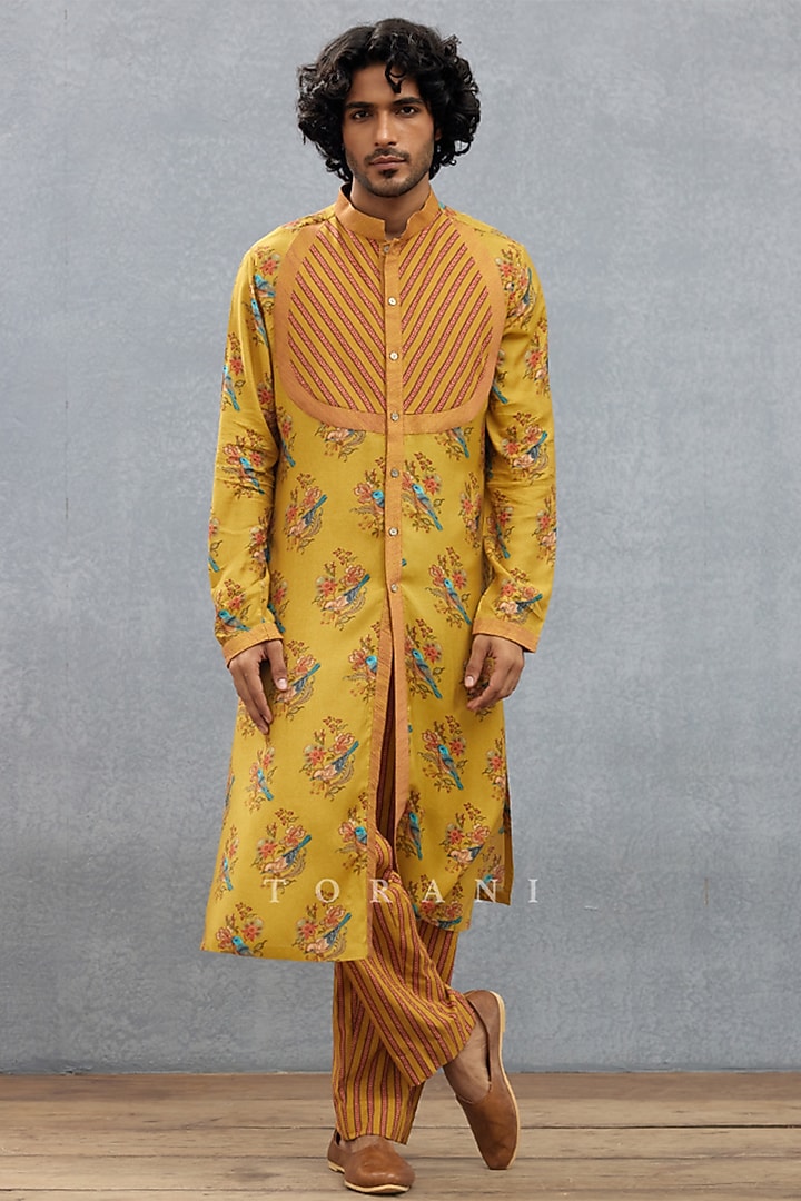 Yellow Cotton Silk & Cotton Voile Digital Printed Quilted Kurta Set by Torani Men at Pernia's Pop Up Shop