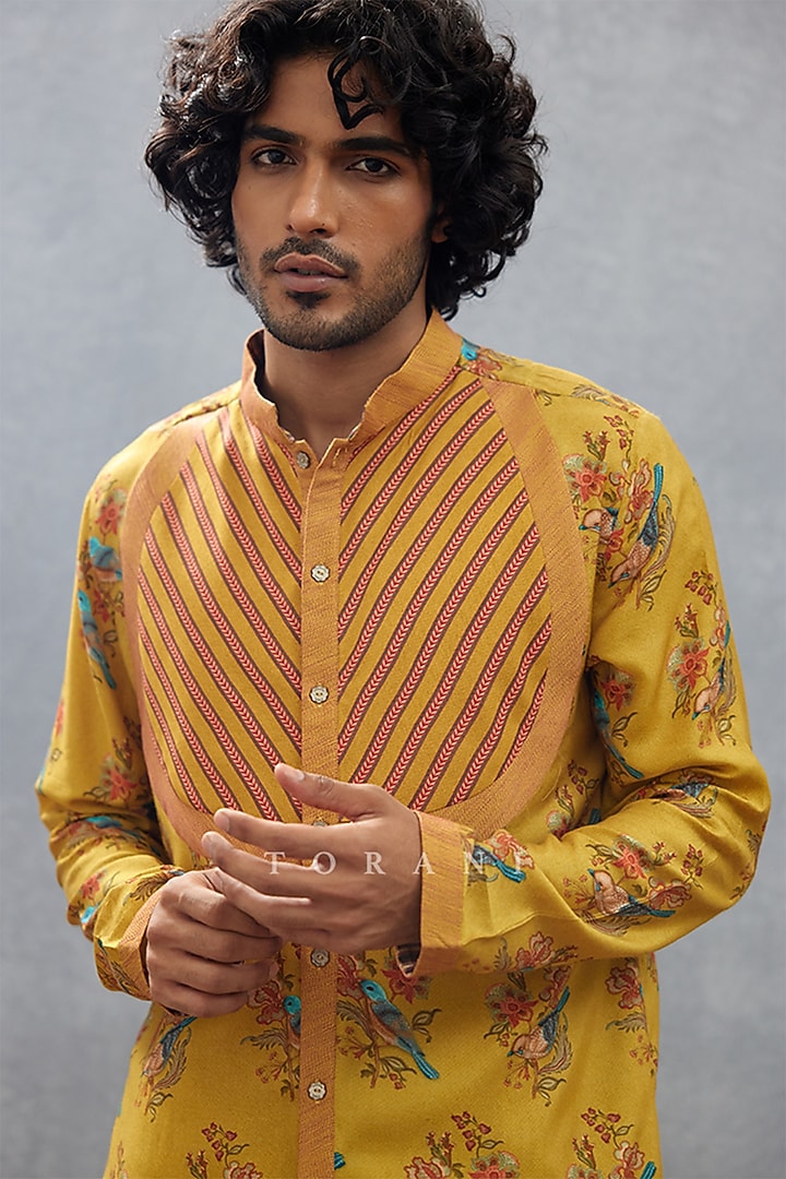 Yellow Cotton Silk & Cotton Voile Digital Printed Quilted Kurta Set by Torani Men at Pernia's Pop Up Shop