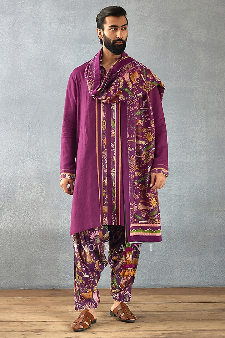 Purple Cotton Silk & Slub Silk Digital Printed Kurta Set by Torani Men at Pernia's Pop Up Shop