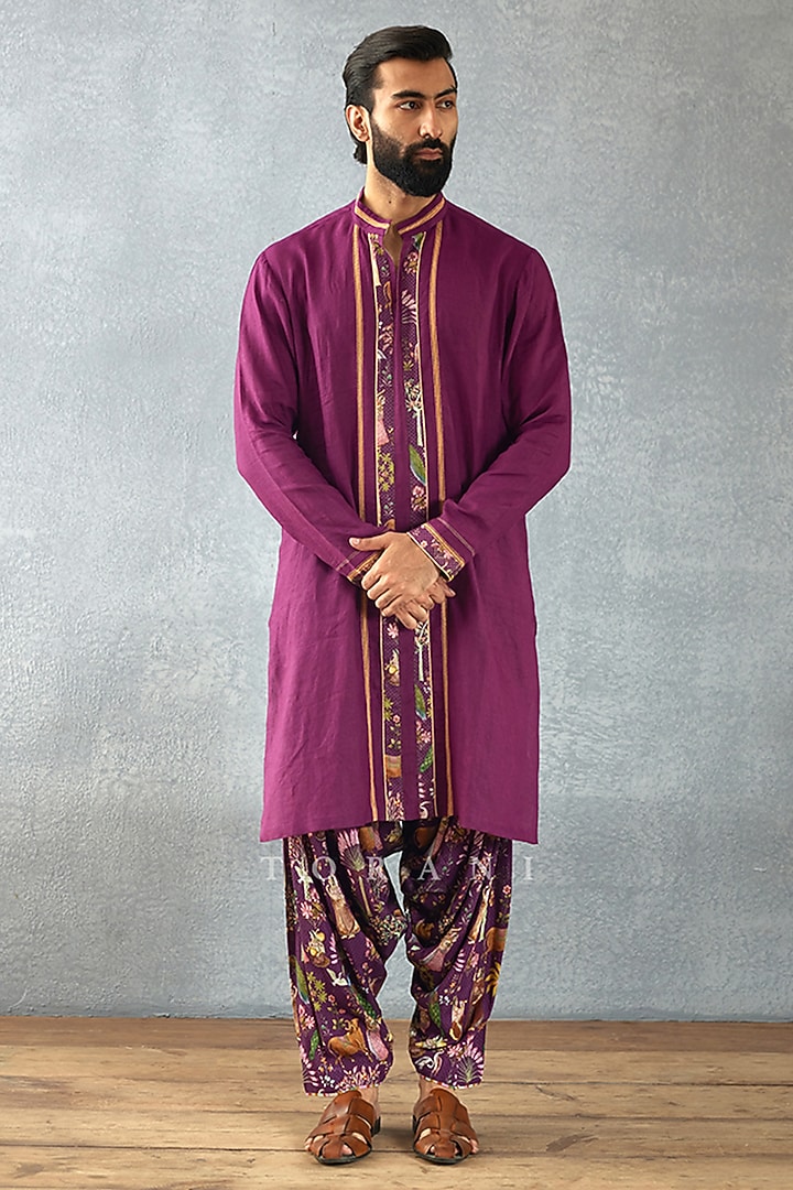 Purple Cotton Silk & Slub Silk Digital Printed Kurta Set by Torani Men at Pernia's Pop Up Shop