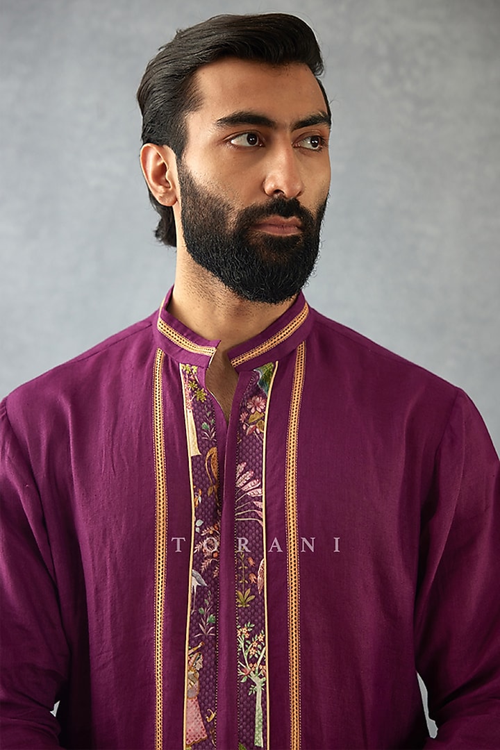 Purple Cotton Silk & Slub Silk Digital Printed Kurta Set by Torani Men at Pernia's Pop Up Shop