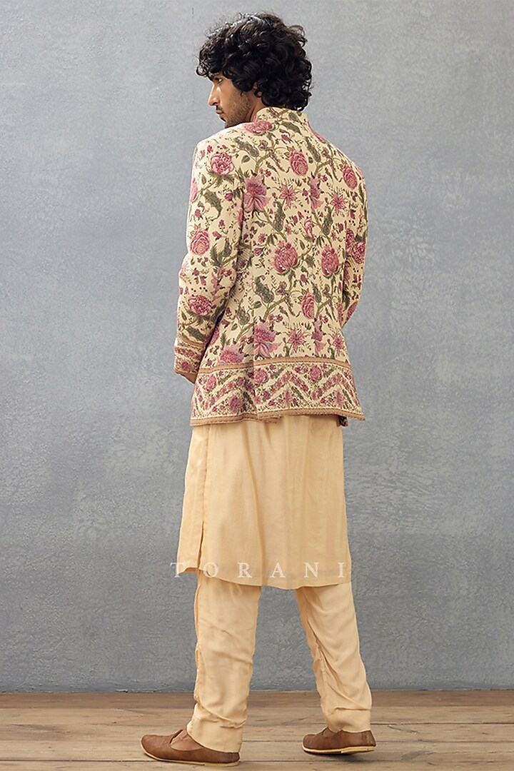Beige Cotton Silk & Handwoven Chanderi Digital Printed Bundi Set by Torani Men at Pernia's Pop Up Shop