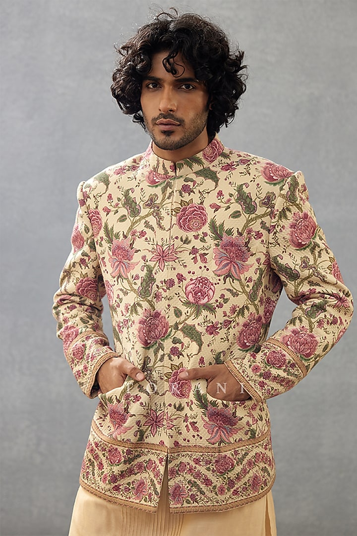 Beige Cotton Silk & Handwoven Chanderi Digital Printed Bundi Set by Torani Men at Pernia's Pop Up Shop