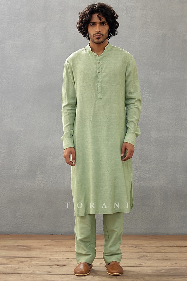Green Cotton Silk & Raw Silk Hand Block Printed Kurta Set by Torani Men at Pernia's Pop Up Shop