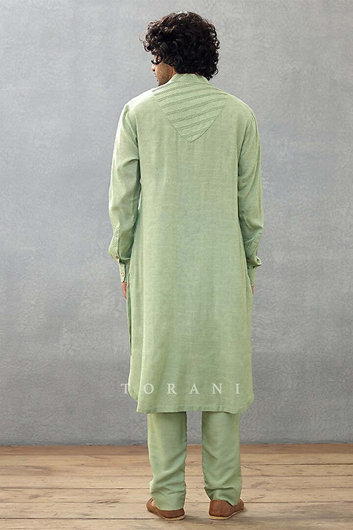 Green Cotton Silk & Raw Silk Hand Block Printed Kurta Set by Torani Men at Pernia's Pop Up Shop