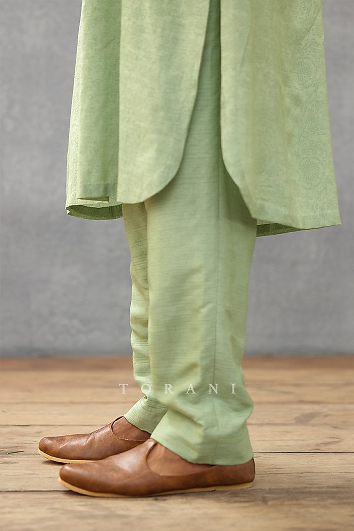 Green Cotton Silk & Raw Silk Hand Block Printed Kurta Set by Torani Men at Pernia's Pop Up Shop