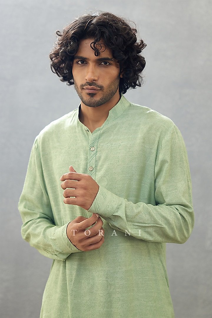 Green Cotton Silk & Raw Silk Hand Block Printed Kurta Set by Torani Men at Pernia's Pop Up Shop