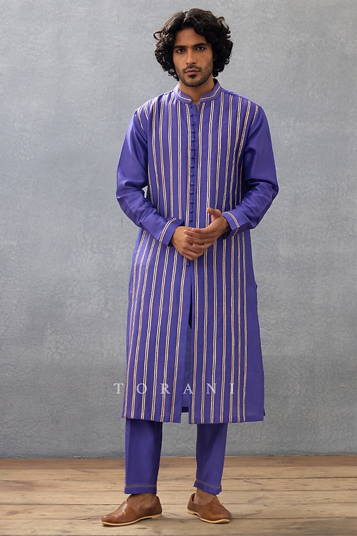 Purple Cotton Voile & Handwoven Chanderi Hand Block Printed Kurta Set by Torani Men at Pernia's Pop Up Shop