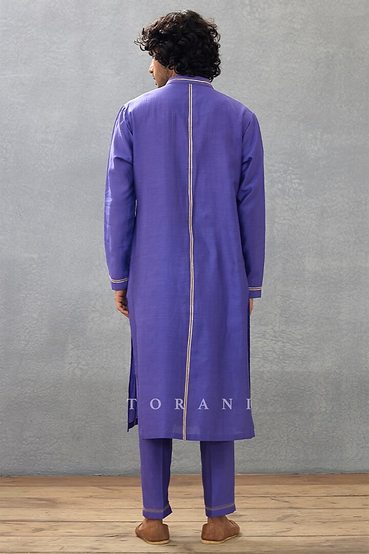 Purple Cotton Voile & Handwoven Chanderi Hand Block Printed Kurta Set by Torani Men at Pernia's Pop Up Shop