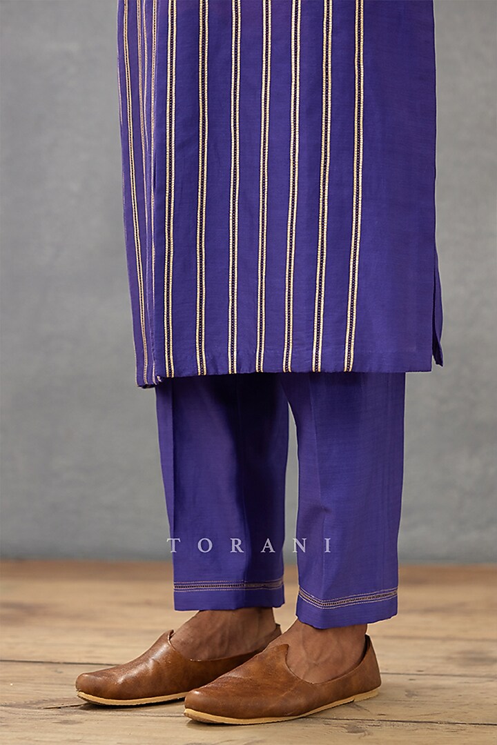 Purple Cotton Voile & Handwoven Chanderi Hand Block Printed Kurta Set by Torani Men at Pernia's Pop Up Shop