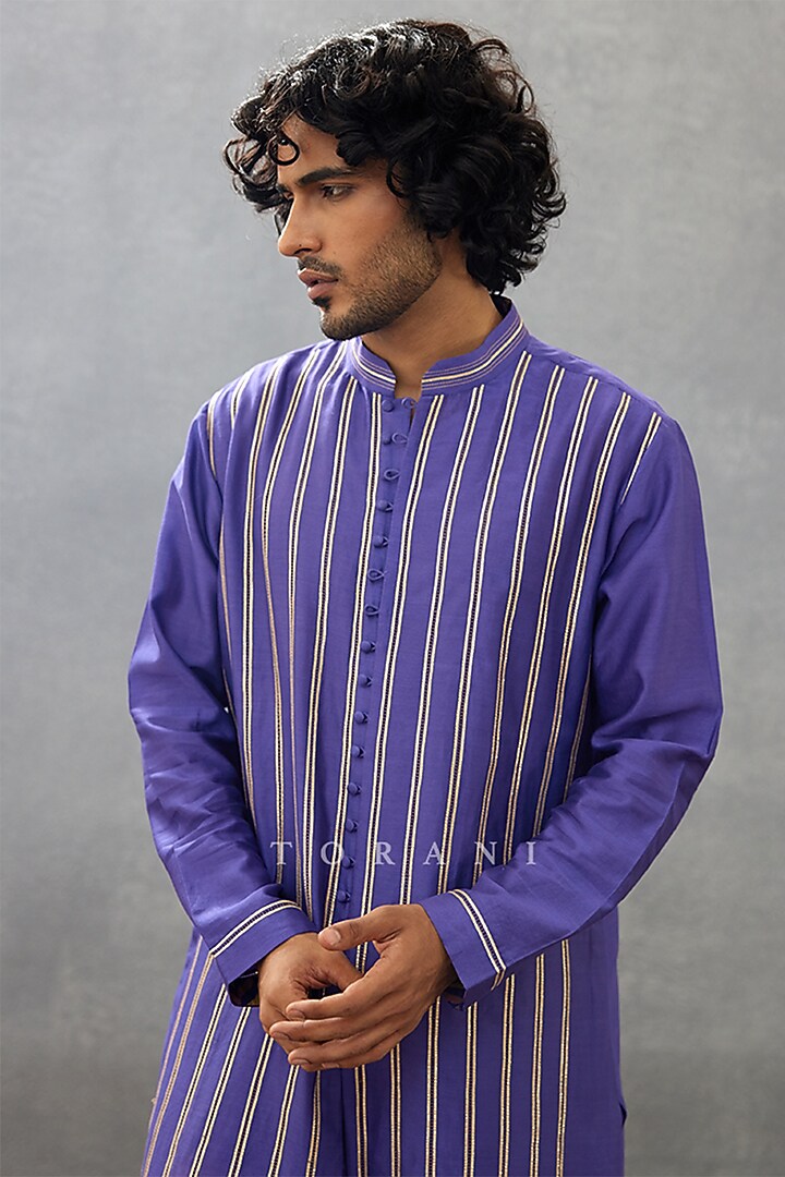 Purple Cotton Voile & Handwoven Chanderi Hand Block Printed Kurta Set by Torani Men at Pernia's Pop Up Shop