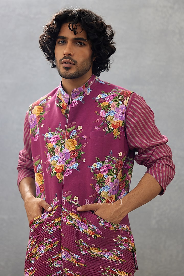 Wine Cotton Silk & Handwoven Chanderi Digital Printed Bundi Set by Torani Men at Pernia's Pop Up Shop