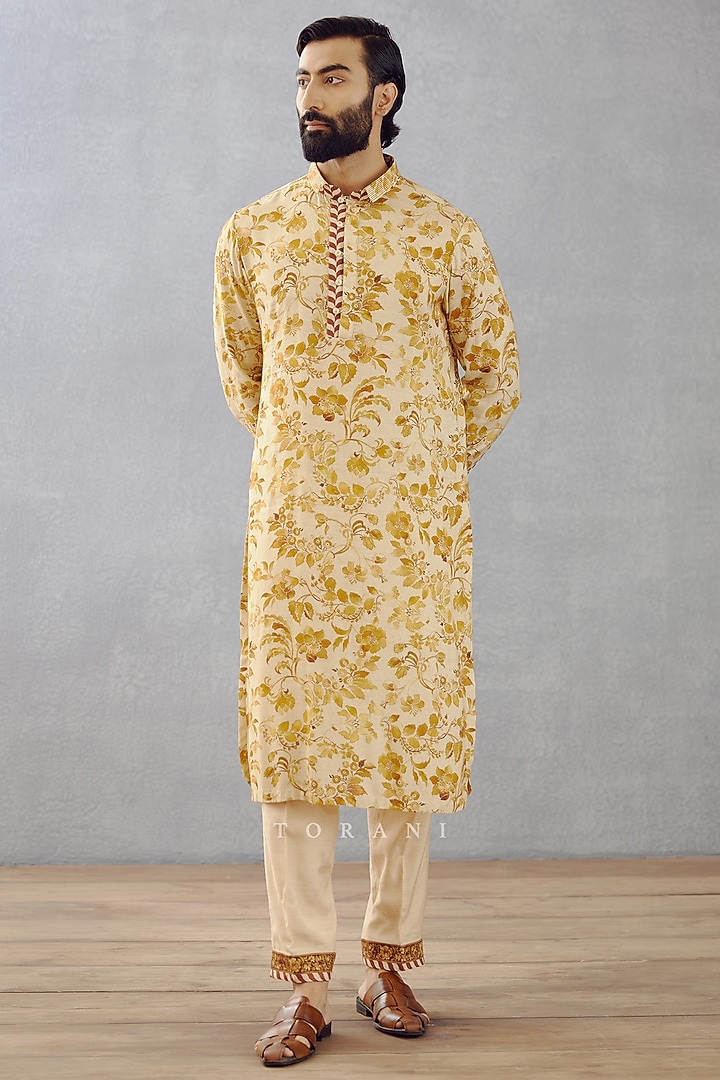 Brown Cotton Silk & Handwoven Chanderi Digital Printed Bundi Set by Torani Men at Pernia's Pop Up Shop