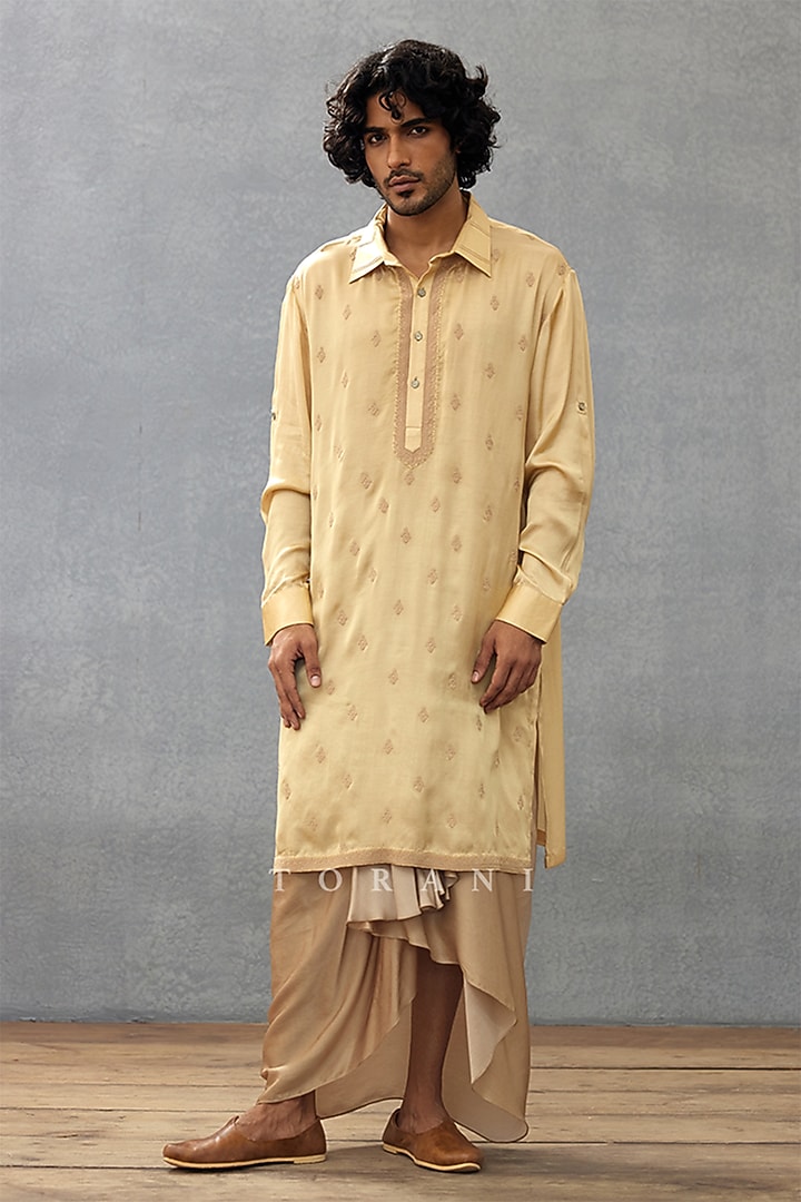 Beige Cotton Silk & Silk Satin Dori Embroidered Kurta Set by Torani Men at Pernia's Pop Up Shop