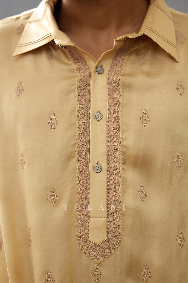 Beige Cotton Silk & Silk Satin Dori Embroidered Kurta Set by Torani Men at Pernia's Pop Up Shop