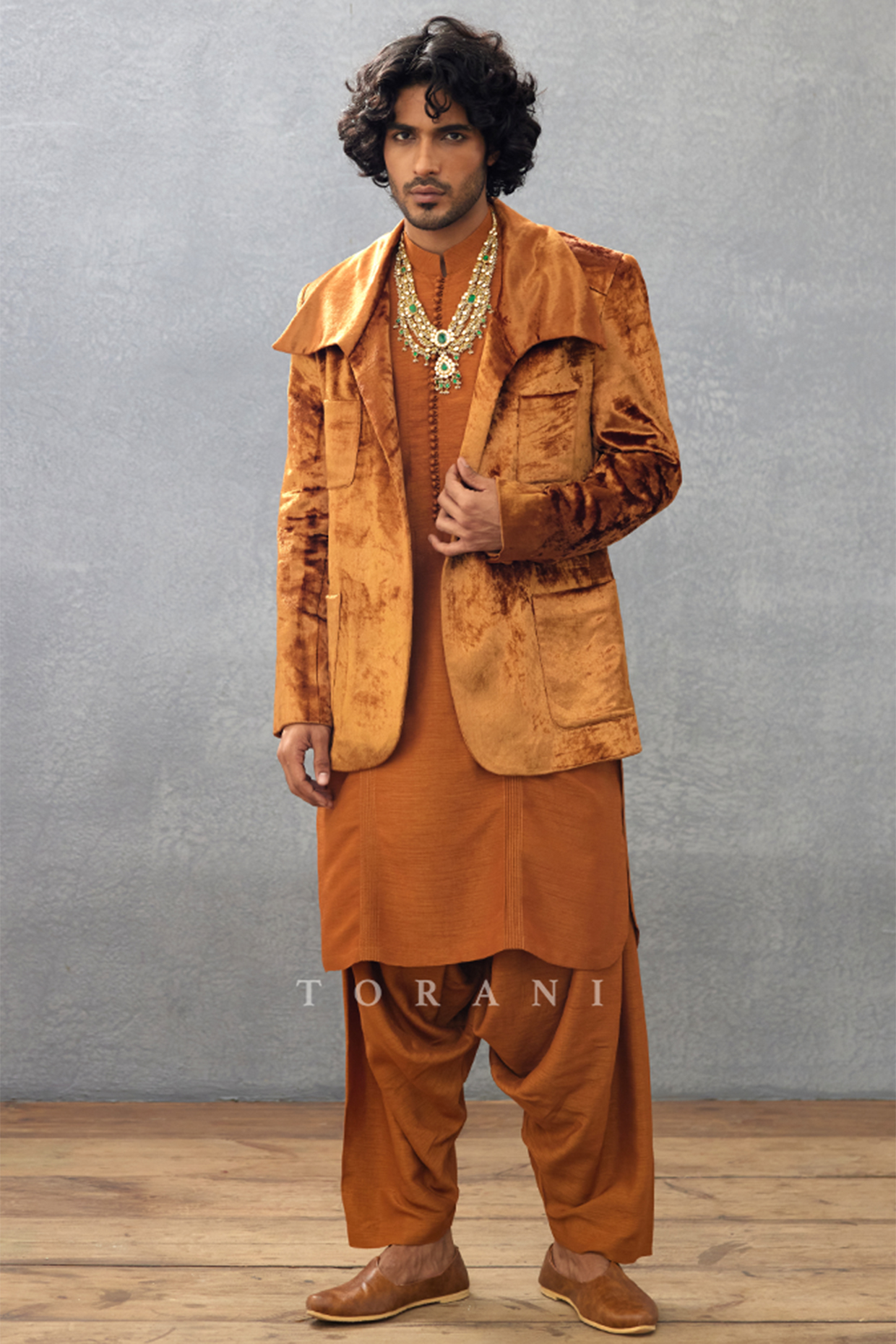 Brown Cotton Silk & Raw Silk Digital Printed Indowestern Set by Torani Men