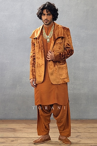 Brown Cotton Silk & Raw Silk Digital Printed Indowestern Set by Torani Men