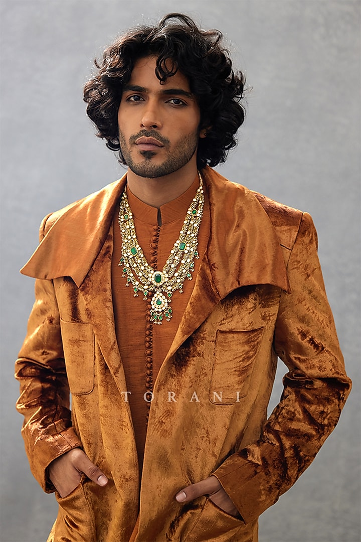 Brown Cotton Silk & Raw Silk Digital Printed Wedding Indowestern Set by Torani Men at Pernia's Pop Up Shop