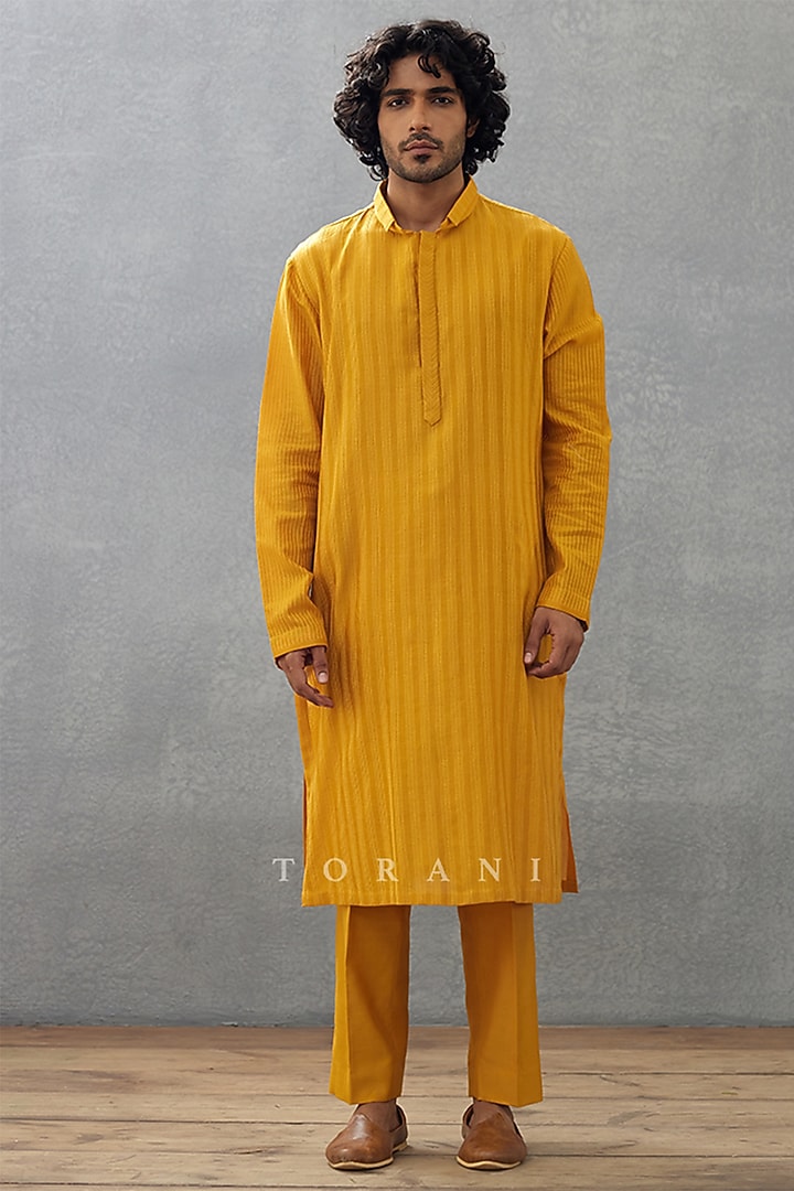 Yellow Cotton Voile & Handwoven Chanderi Hand Block Printed Kurta Set by Torani Men at Pernia's Pop Up Shop