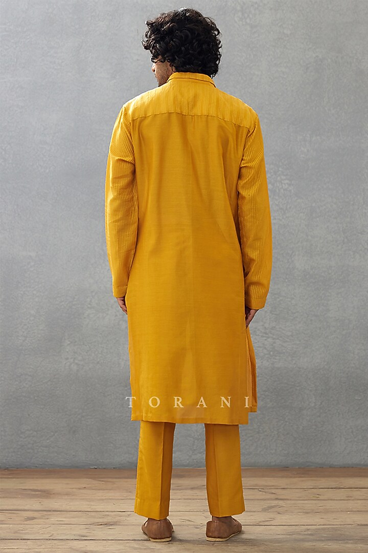 Yellow Cotton Voile & Handwoven Chanderi Hand Block Printed Kurta Set by Torani Men at Pernia's Pop Up Shop