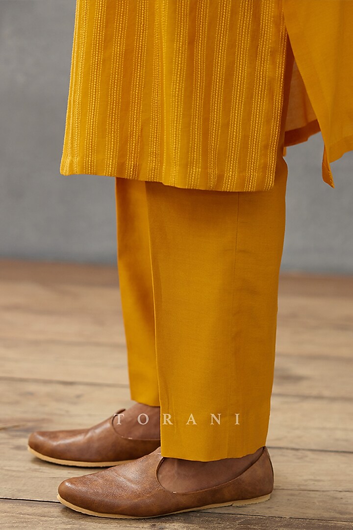 Yellow Cotton Voile & Handwoven Chanderi Hand Block Printed Kurta Set by Torani Men at Pernia's Pop Up Shop