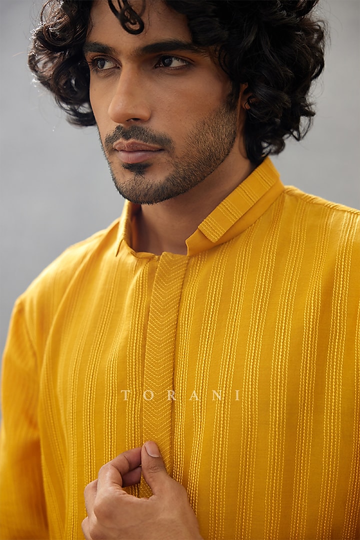 Yellow Cotton Voile & Handwoven Chanderi Hand Block Printed Kurta Set by Torani Men at Pernia's Pop Up Shop