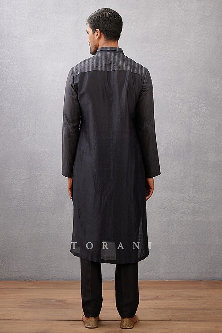 Black Cotton Voile & Handwoven Chanderi Hand Block Printed Kurta Set by Torani Men at Pernia's Pop Up Shop