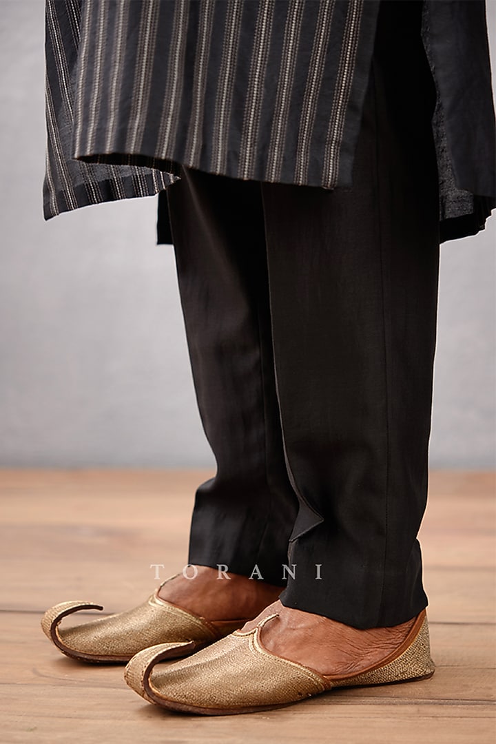 Black Cotton Voile & Handwoven Chanderi Hand Block Printed Kurta Set by Torani Men at Pernia's Pop Up Shop