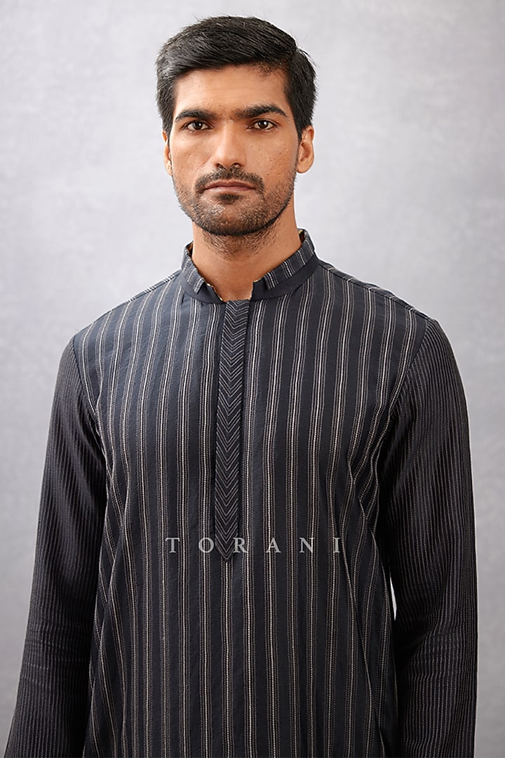 Black Cotton Voile & Handwoven Chanderi Hand Block Printed Kurta Set by Torani Men at Pernia's Pop Up Shop