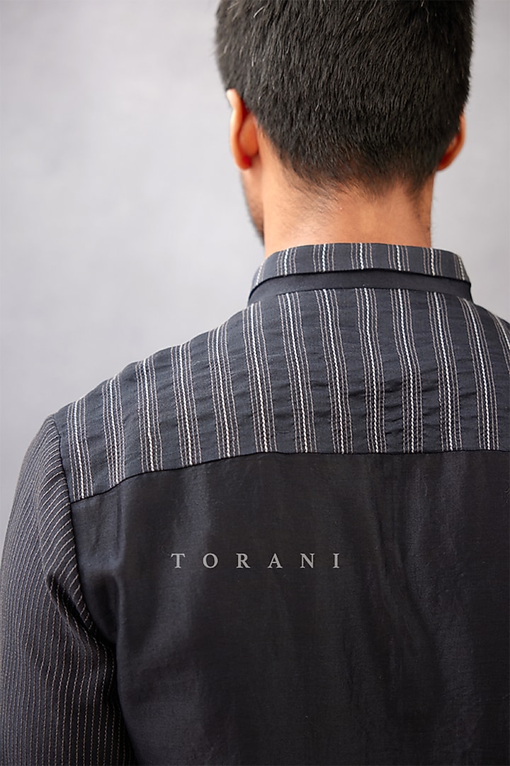 Black Cotton Voile & Handwoven Chanderi Hand Block Printed Kurta Set by Torani Men at Pernia's Pop Up Shop