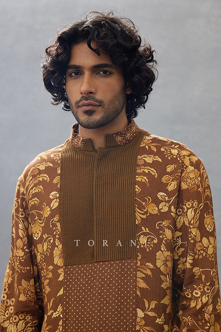 Brown Cotton Silk & Cotton Voile Digital Printed Kurta Set by Torani Men at Pernia's Pop Up Shop