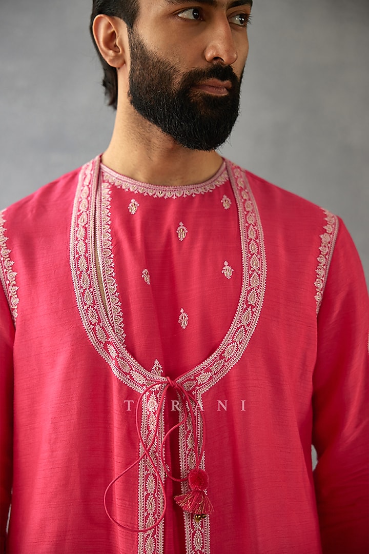 Pink Cotton Silk & Slub Silk Dori Embroidered Kurta Set by Torani Men at Pernia's Pop Up Shop
