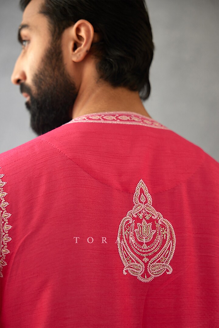 Pink Cotton Silk & Slub Silk Dori Embroidered Kurta Set by Torani Men at Pernia's Pop Up Shop