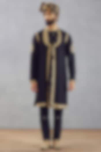 Black Cotton Silk & Raw Silk Hand Embroidered Kurta Set by Torani Men at Pernia's Pop Up Shop