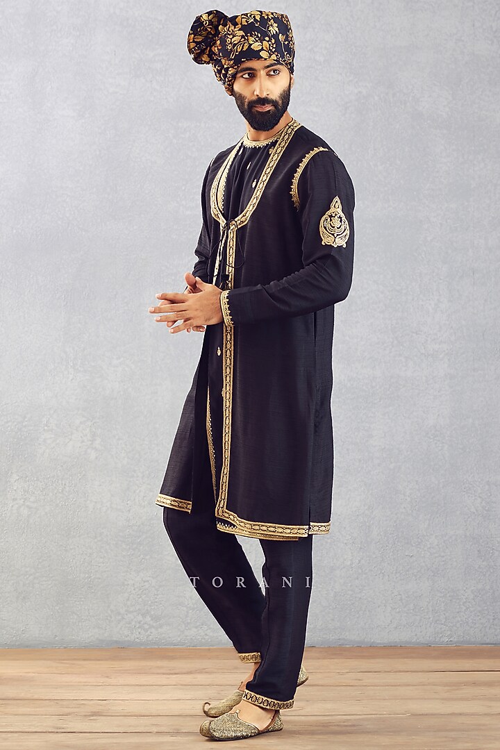 Black Cotton Silk & Raw Silk Hand Embroidered Kurta Set by Torani Men at Pernia's Pop Up Shop