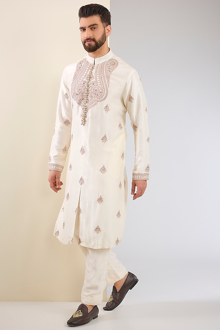 White Cotton Silk & Slub Silk Embroidered Kurta Set by Torani Men