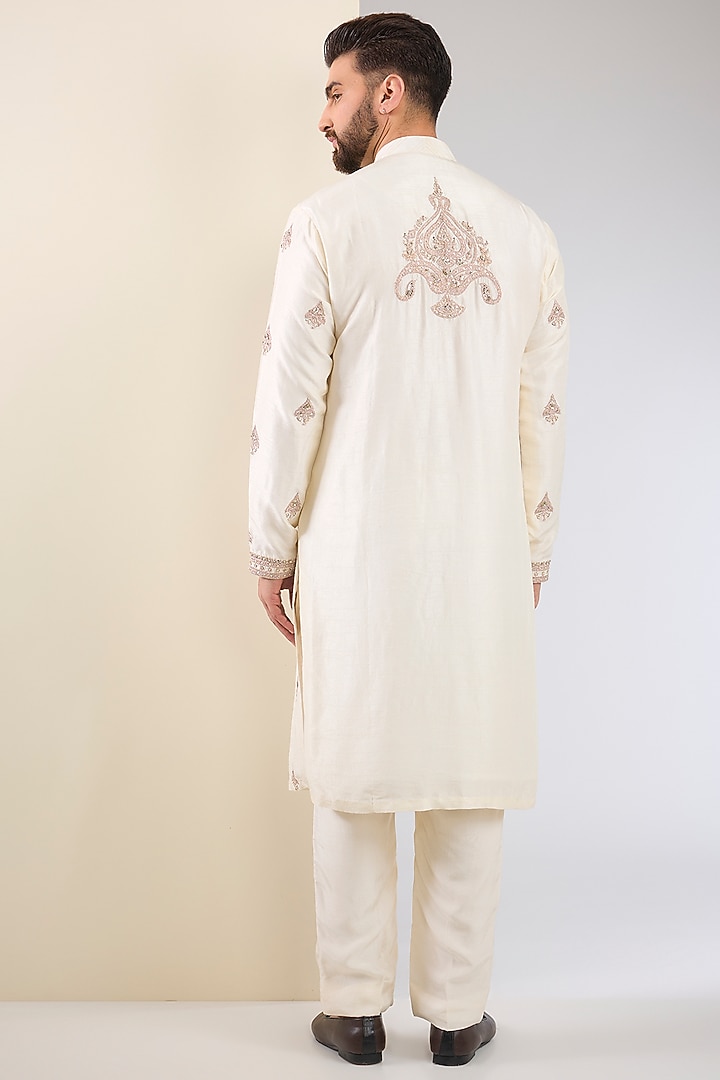 White Cotton Silk & Slub Silk Embroidered Kurta Set by Torani Men at Pernia's Pop Up Shop