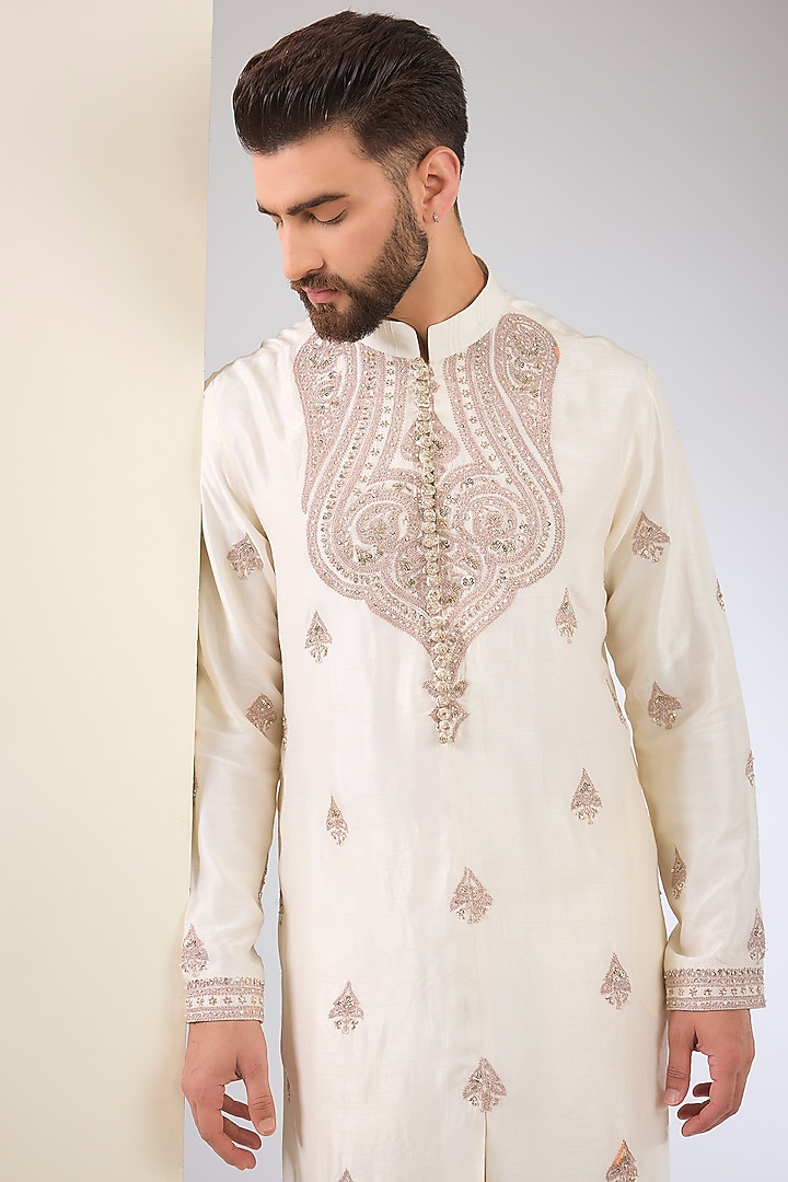 White Cotton Silk & Slub Silk Embroidered Kurta Set by Torani Men at Pernia's Pop Up Shop