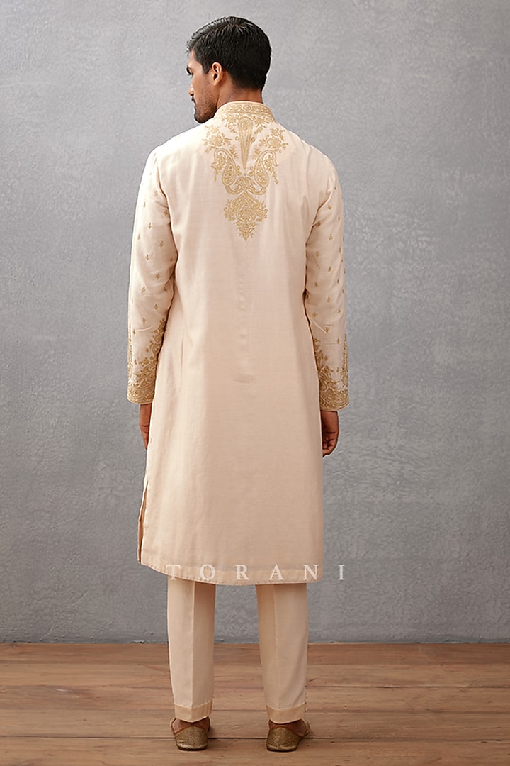 Ivory Handwoven Chanderi & Cotton Silk Hand Embroidered Kurta Set by Torani Men at Pernia's Pop Up Shop
