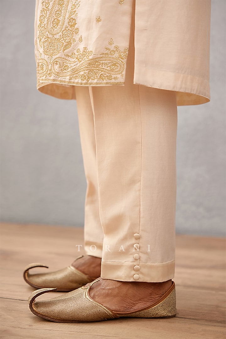 Ivory Handwoven Chanderi & Cotton Silk Hand Embroidered Kurta Set by Torani Men at Pernia's Pop Up Shop