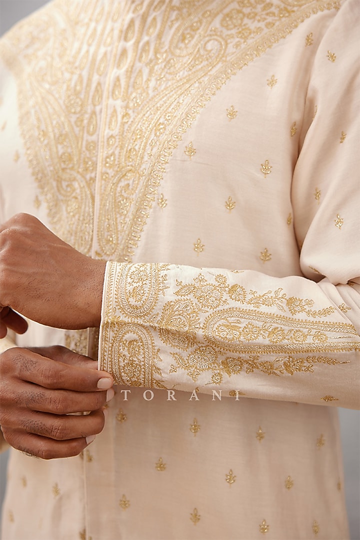 Ivory Handwoven Chanderi & Cotton Silk Hand Embroidered Kurta Set by Torani Men at Pernia's Pop Up Shop
