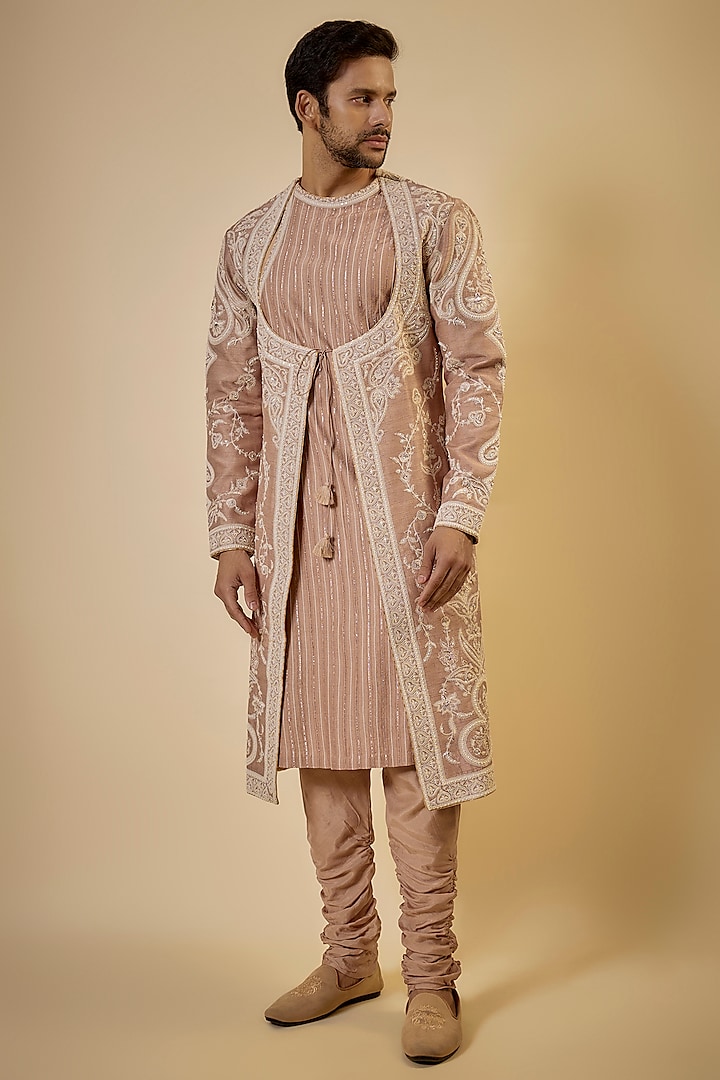 Mauve Cotton Silk & Slub Silk Dori Embroidered Kurta Set by Torani Men at Pernia's Pop Up Shop