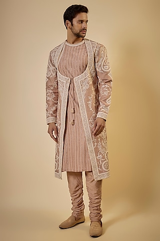 Mauve Cotton Silk & Slub Silk Dori Embroidered Kurta Set by Torani Men