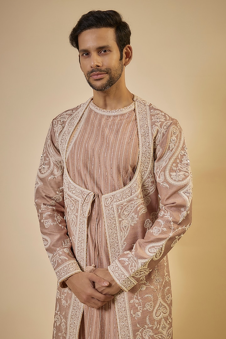 Mauve Cotton Silk & Slub Silk Dori Embroidered Kurta Set by Torani Men at Pernia's Pop Up Shop