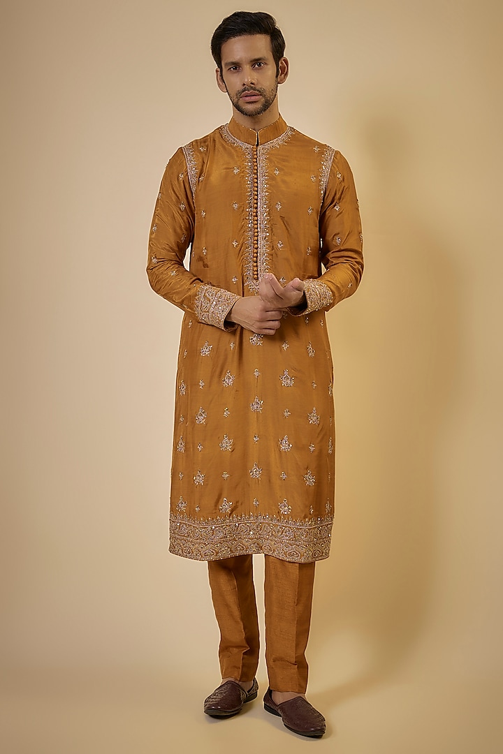 Ochre Cotton Silk & Slub Silk Embroidered Kurta Set by Torani Men at Pernia's Pop Up Shop