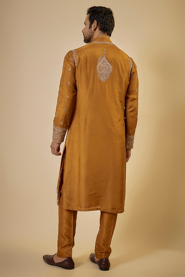 Ochre Cotton Silk & Slub Silk Embroidered Kurta Set by Torani Men at Pernia's Pop Up Shop